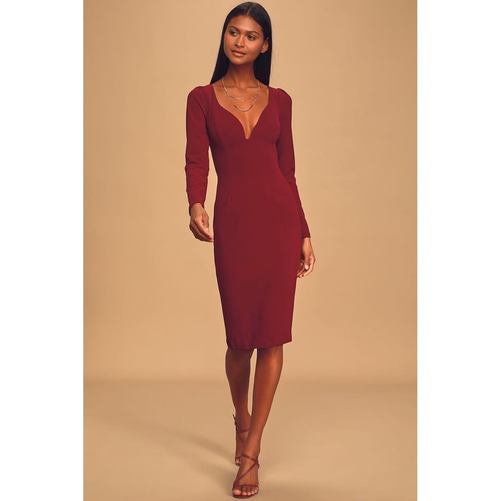 NEW Lulu's Burgundy Long Sleeve Bodycon Midi Dress